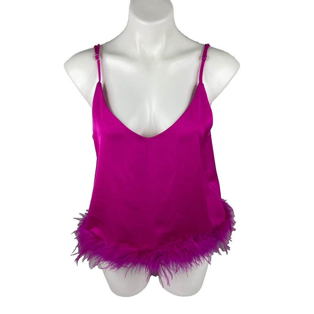 eesome Women Medium Bright Pink Camisole Top Feather Trim Sexy NWT